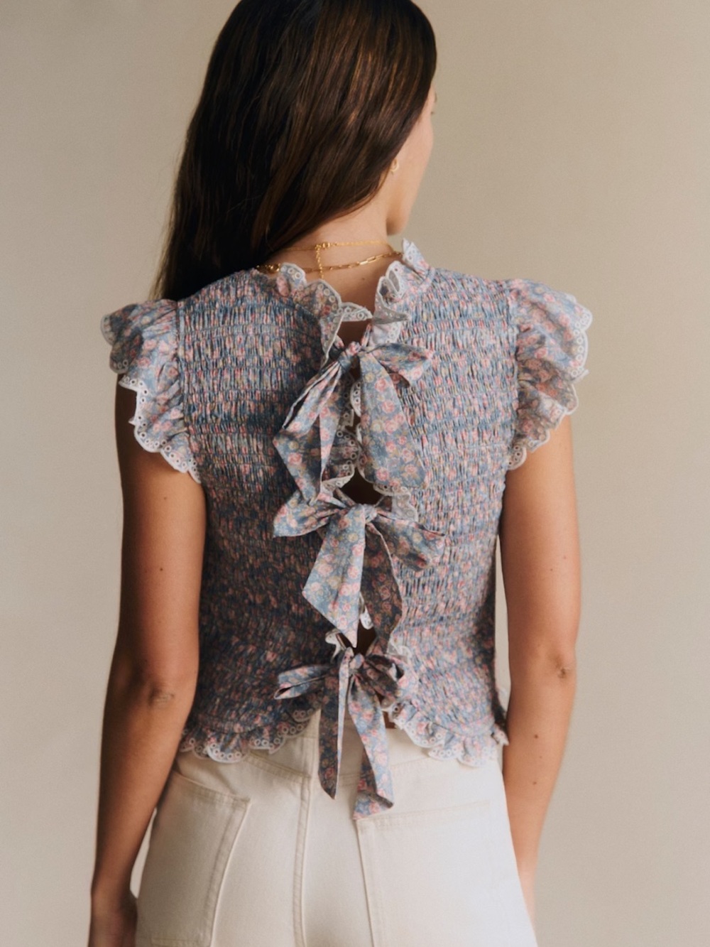Sezane Liorane Smocked Ruffle Top in Blue-Pink Floral - Picture 2 of 5
